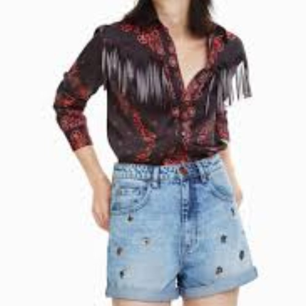 Women's Desigual Western Satin Paisley Long Sleeve Shirt Blouse Fringe Size L